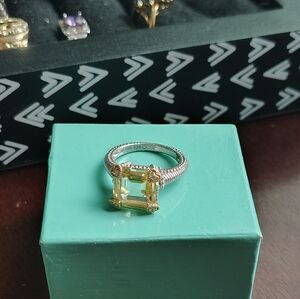 Judith Ripka sterling silver and 18k yellow gold prasiolite ring.